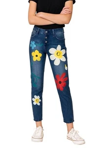 1980 Button Fly Damen Flower Power Jeans Größe Small - nicht dehnbar leicht - Bild 1 von 6