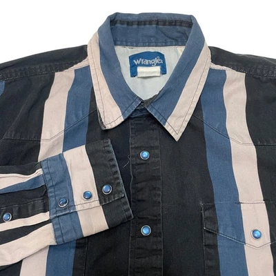 VTG Wrangler Brushpopper Shirt XXL Striped Pearl Snap Western Rodeo Cowboy USA - Image 1 of 4