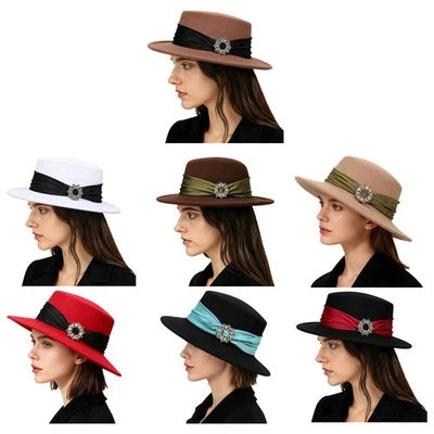 1Pcs Womens Flat Top Hat Adorned w/Rhinestones Band Wide Brim Top Hat Tea Pary - Image 1 of 3