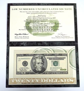 SERIES 1996 LOW NUMBERED UNCIRCULATED $20 NOTE AG 00002633 A - Picture 1 of 4