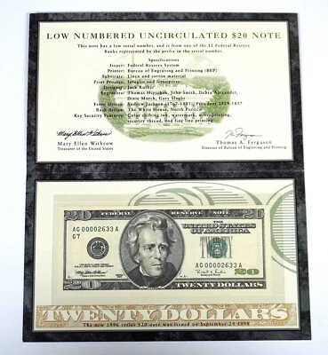 SERIES 1996 LOW NUMBERED UNCIRCULATED $20 NOTE AG 00002633 A - Image 1 of 4
