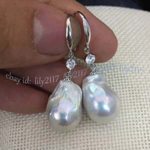 Huge 18-20mm Natural White Freshwater Baroque Pearl Dangle Earrings Crystal Hook - Picture 1 of 7