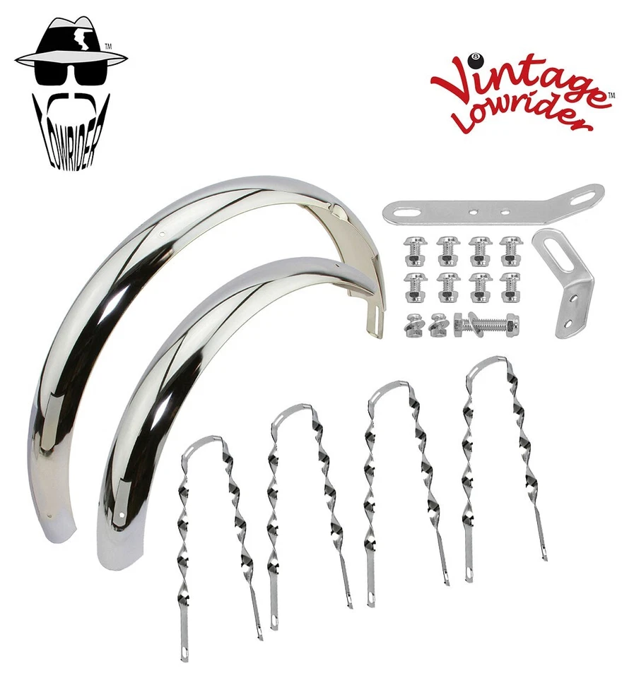 JUEGO GUARDABARROS CROMADOS AJUSTABLES CLÁSICOS LOWRIDER 20" VINTAGE CON SOPORTES PLANOS RETORCIDOS Foto 1 de 1
