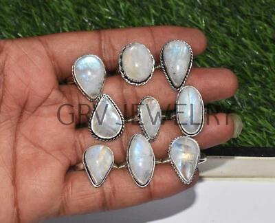 Lote al por mayor de 10 anillos de piedras preciosas de luna arco iris chapados en plata 925 WHR-5 Foto 1 de 4