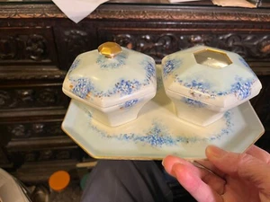 porcelain dresser set tray hair receiver trinket box T&V Limoges blue flowers - Picture 1 of 12