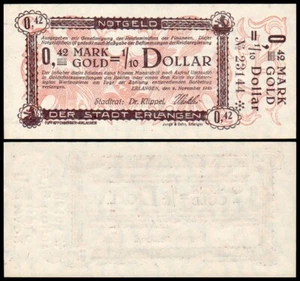 0.42 Mark Gold = 1/10 Dollar 1923 Germany ERLANGEN notgeld Original - UNC - #E65 - Picture 1 of 3