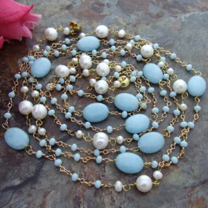 S101610 74'' White Round Pearl Blue Jade Crystal Necklace - Picture 1 of 4