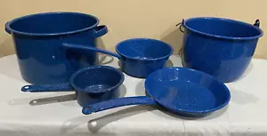 Set di pentole da campeggio vintage 5 pezzi smaltate blu maculate (ToteJJJ) - Foto 1 di 22