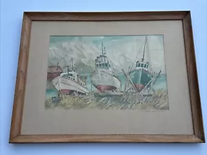 VINTAGE PAINTING SEWARD ALASKA FISHING BOATS SIGNED NAUTICAL REGIONALISM - Picture 1 of 23