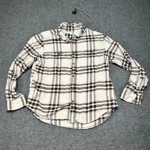 Old Navy Women Large Flannel Shirt Plaid Off-White Black Tan Casual Cozy Relaxed - Picture 1 of 8