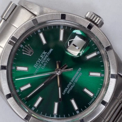 Rolex Date 34 mm esfera verde acero Oyster reloj automático 1500 circa 1974 Foto 1 de 4