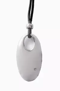STAINLESS STEEL HIGH POLISHED LARGE OVAL PENDANT W/CUBIC ZIRCONIA, 24" SILK CORD - Picture 1 of 3