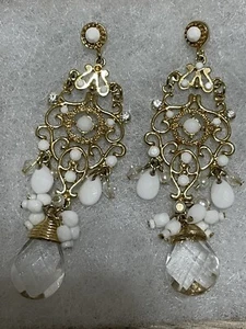 Gold Tone Cream & White Bead Dangle Drop Earrings Mini Chandelier Pierced 3” - Picture 1 of 4