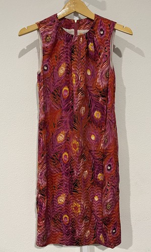 Abito dritto TORY BURCH rosso seta stampa piuma volpe senza maniche taglia 0 $498