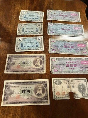 Lot Of 10 Pcs Japan Vintage 1950’s YEN Banknotes 296 Total Amount - Image 1 of 4