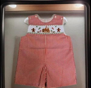 Boys NWT Lulu Bebe Smocked Jon Jon Christmas Red & White Lined 18 Months - Picture 1 of 7
