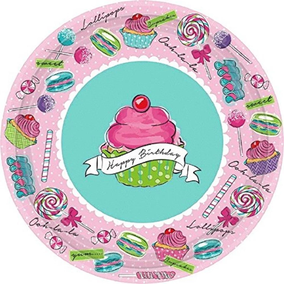 Dulces de cumpleaños Cupcake caramelo rosa fiesta de cumpleaños a granel platos de postre de papel de 7" Foto 1 de 1
