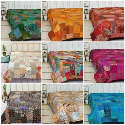 Vintage Patchwork Kantha Bedspread Indian Handmade Quilt Throw silk Blanket boho - Image 1 of 4