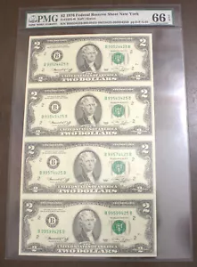 $2 1976 Federal Reserve Four Uncut Sheet New York PMG 66 EPQ Lot F 334 - Picture 1 of 2