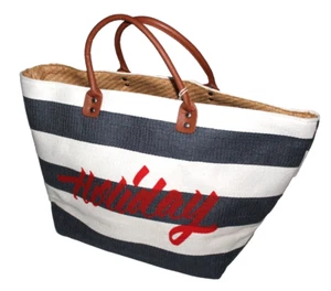 Blue Star Navy/White Striped Large Beach Holiday Woven Tote Shopper Handbag - Picture 1 of 11