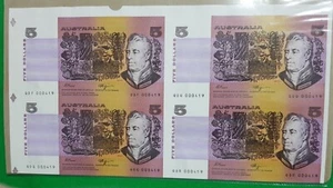 1990 Australian Uncut of 4 Notes $5 Including the 1s prefix QDF Fraser/Higgins - Picture 1 of 6