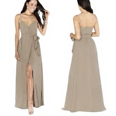 Show Me Your MuMu Liz Maxi Dress Beige Chiffon Surplice Wrap V Neck Slit Gown - Image 1 of 4