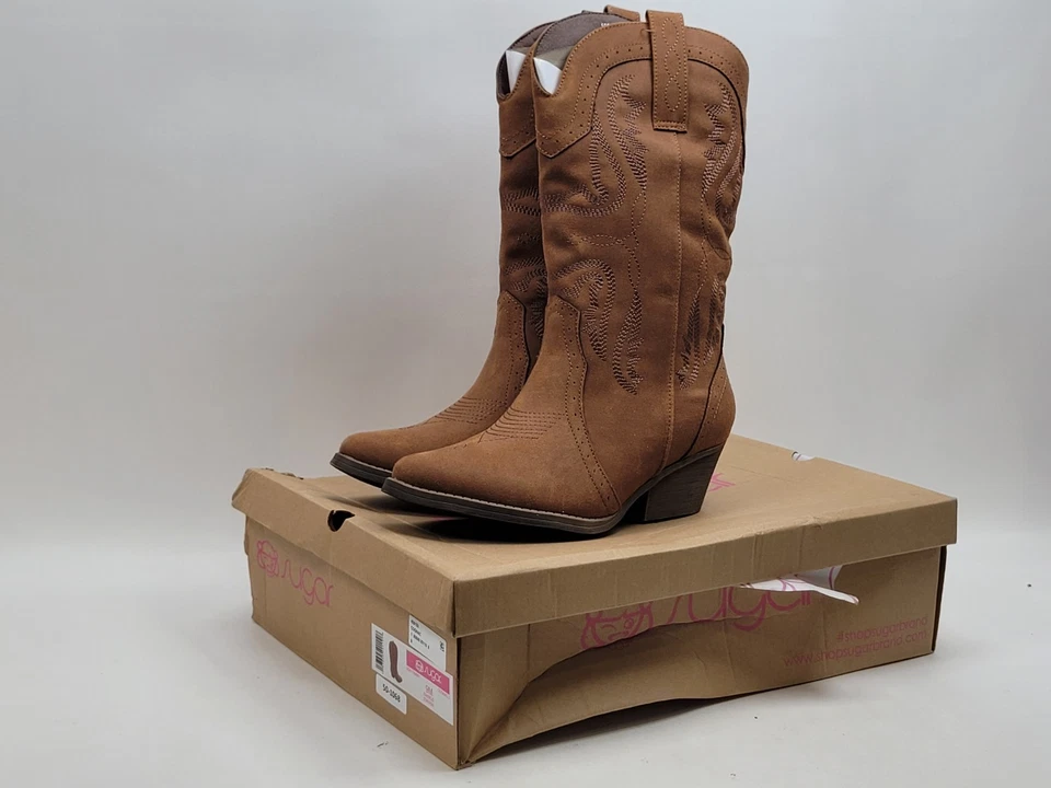 Sugar Women Tammy Western Cowgirl Boots Size US 9M Cognac Brown Faux Leather