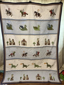 Pottery Barn Kids Quilt Knights Castles Dragons Twin Quilted Comforter Only VTG - Picture 1 of 6