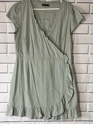 Cotton On Sage Green Frill Wrap Mini Dress Size L 16 Short Sleeve 100% Cotton - image 1 of 4