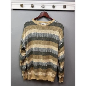 Vintage 417 Van Heusen Sweater Mens Medium Tan striped Crewneck Pullover Grandpa - Picture 1 of 7