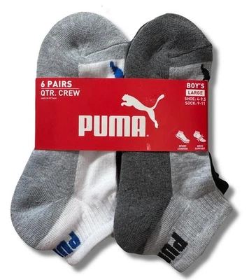 PUMA SOCKS BOYS X6 - QUARTER CUT 243 - TRAP GREY WHITE - SZ LARGE SHOE SZ 4-9.5 - Image 1 of 2