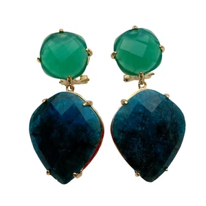 Green Agate Blue Apatite Genuine Stone Dangle Stud Earrings Unique Earrings - Picture 1 of 6