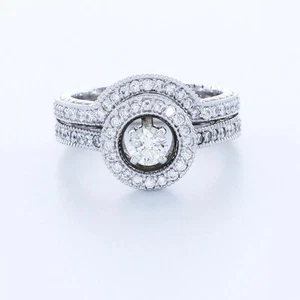 14K Gold Seitenstein Verlobungsring Set Halo 1,21 ct runder natürlicher Diamant F VS2 - Bild 1 von 5