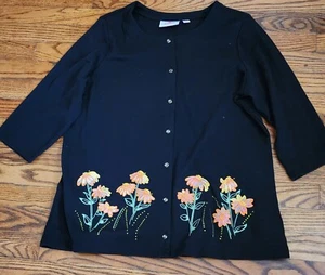 The Quacker Factory  Cardigan Womens Size Large  black Knit Embroidered  - Picture 1 of 5