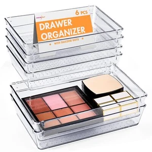 Desk Drawer Organizer Bins 6 Pcs 9*6*2" Clear Drawer Organizers With Silicone Pa - Picture 1 of 8