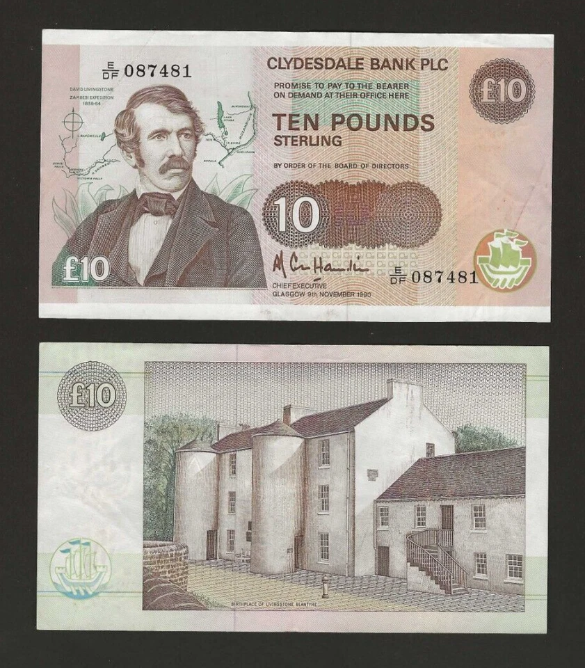 Escocia 10 libras 1990, banco P-214 Clydesdale, EF ORIGINAL, David Livingstone. Foto 1 de 1