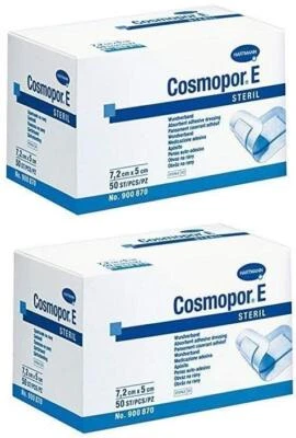 Cosmopor E Dressing Adhesive 7.2cm x 5cm 2 Packs of 50 Absorbent Hypoallergenic