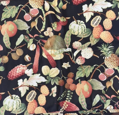 Tela para cortinas de tapicería Bloomcraft de colección 5 yardas frutas tropicales melones nueces negra Foto 1 de 4