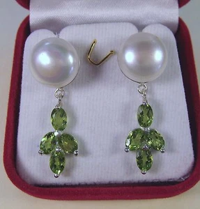 12 MM PEARL & PERIDOT EARRINGS 4.55 CTW - WHITE GOLD over 925 STERLING SILVER - Picture 1 of 7