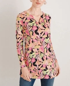 Chico’s 100% Linen Spring Tunic Top Women M 8 Soft Comfy Shirt Leaf Pink Orange - Picture 1 of 9