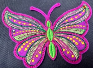 applique embroidered butterfly magenta green 4.25x5.25" 1pc - Picture 1 of 3
