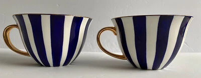 Juego de 2 tazas de porcelana a rayas doradas, azules oscuras y blancas para artículos para el hogar exclusivos Foto 1 de 4