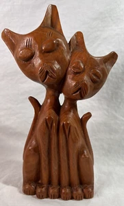 Vintage Hand Carved Wooden Cats Statue Figure Mid Century Modern - Picture 1 of 2