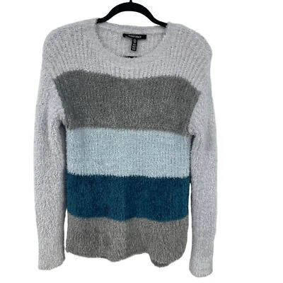 Ellen Tracy Chenille Knit Gray Blue Striped Crewneck Sweater Womens Small ASIS — 第 1/4 张图片