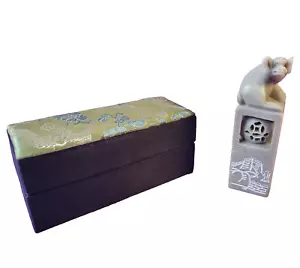 Chinese Carved Soapstone Stamp Seal Pig Boar Vintage 4in Silk Covered Green Box - Picture 1 of 10