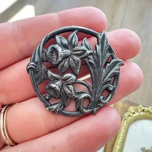 Vintage Sterling Silver Daffodil Flower Duo Brooch Pin Art Nouveau Flowers 925 - Picture 1 of 4