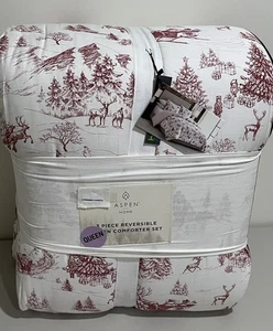 ASPEN Cranberry Red/ White Christmas Santa & Reindeer Queen Cotton Comforter SET - Bild 1 von 11