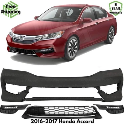 Front Bumper Cover Primed Plastic & Fog Lights Kit For 2016-2017 Honda Accord Foto 1 de 4