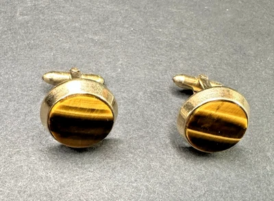 Vintage 14K Gold Filled Tiger's Eye Men's Round Cuff Links - Image 1 of 4
