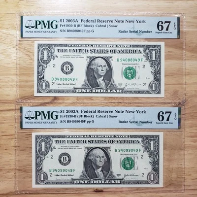 $1 Fr#1930-B Federal reserve 2 note set Radar Serial New York 67 EPQ  Superb Gem - Image 1 of 4